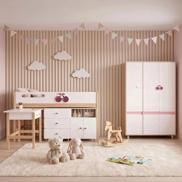 Dečiji ormar sa tri krila KINDER HOME CHERRY, sa policama, polugom za vešalice i 6 vrata - EP3228946