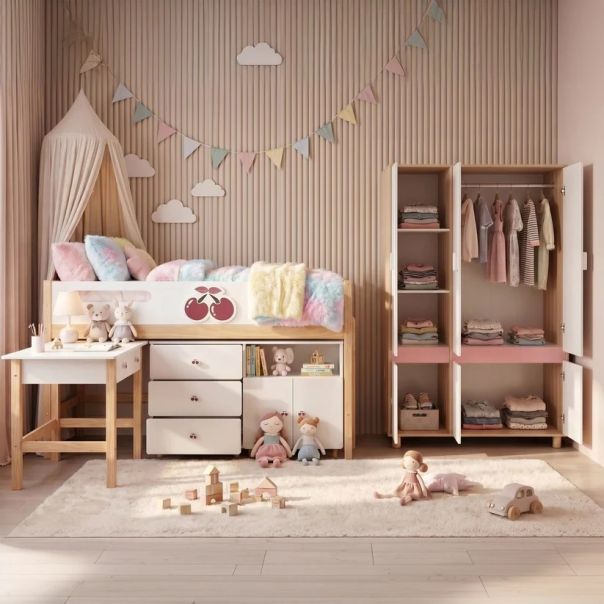 Dečiji ormar sa tri krila KINDER HOME CHERRY, sa policama, polugom za vešalice i 6 vrata - EP3228946