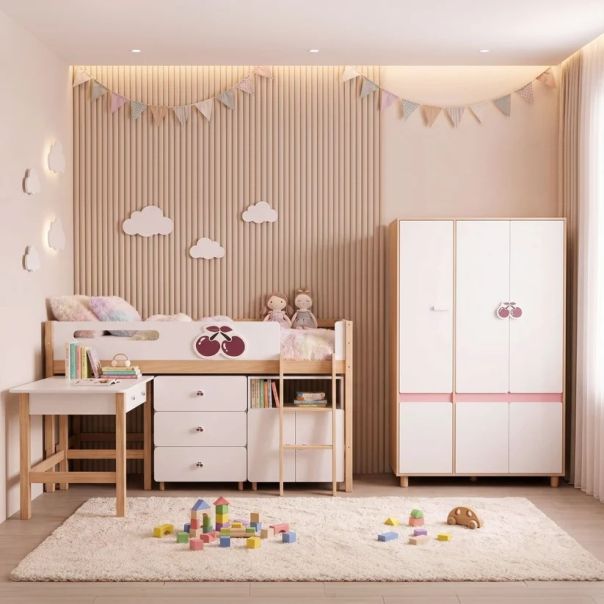 Dečiji ormar sa tri krila KINDER HOME CHERRY, sa policama, polugom za vešalice i 6 vrata - EP3228946