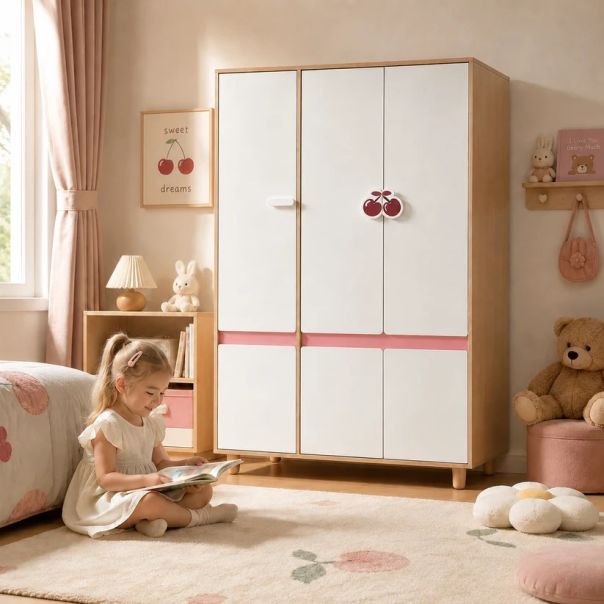 Dečiji ormar sa tri krila KINDER HOME CHERRY, sa policama, polugom za vešalice i 6 vrata - EP3228946