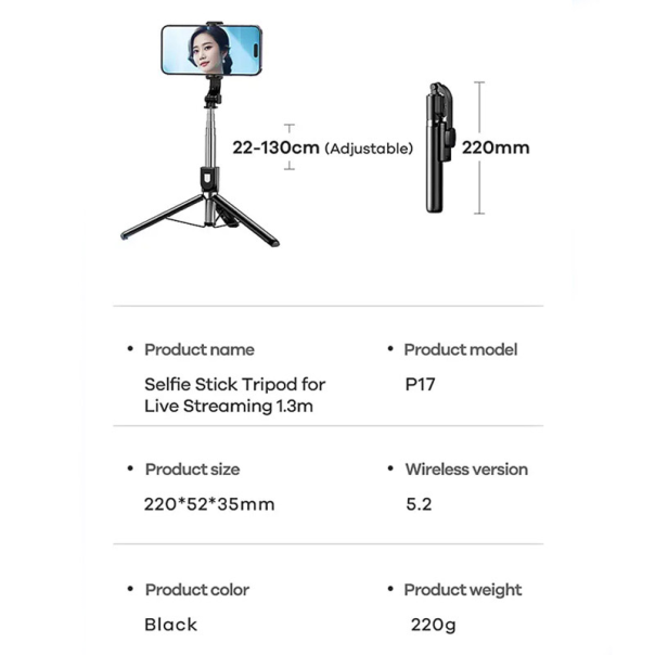Stativ Tripod Wireless + Selfie Stick REMAX P17 1.3m crni - 620557