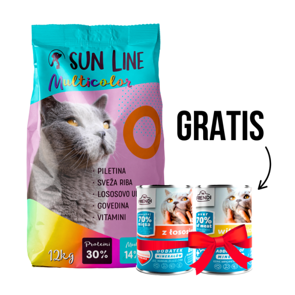 SUN LINE Suva hrana za mačke Multicolor 12kg + Gratis FRENDI Konzerva 400g - 3360132