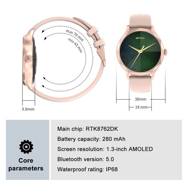 Pametni sat DT Diamond, roze silikonska narukvica, zlatna - SW299