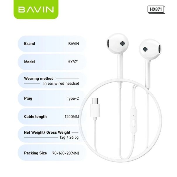 BAVIN Slušalice za telefon type-C, bela - 90217