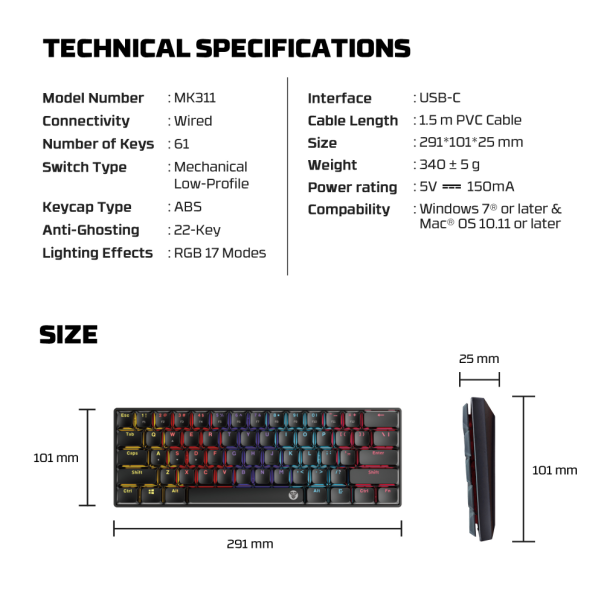 Tastatura mehanička Gaming Fantech MK311 RGB Atom AIR 61 bela (red switch) - 222339