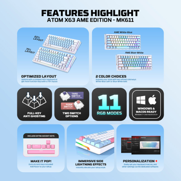 Tastatura mehanička Gaming Fantech MK611 Atom x63 AME plava (taro switch) - G223708