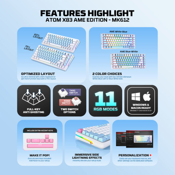 Tastatura mehanička Gaming Fantech MK612 Atom x83 AME bela (rosie switch) - G223711