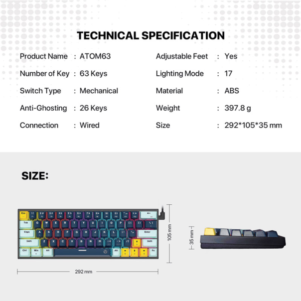 Tastatura mehanička Gaming Fantech MK874 RGB Atom 63 SkyBlue (red switch) - G217302