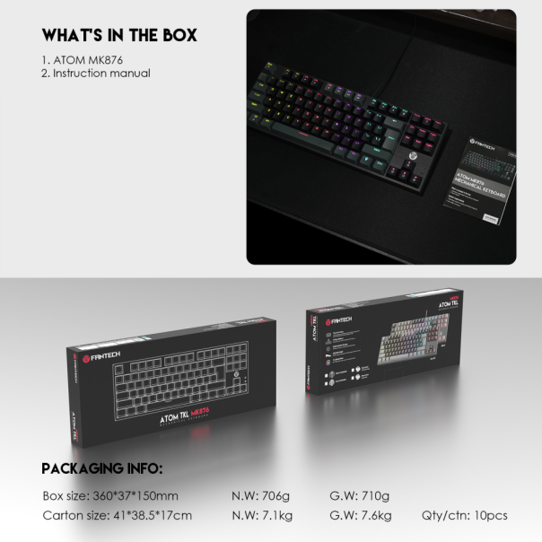 Tastatura mehanička Gaming Fantech MK876 RGB Atom TKL siva (Red switch) - 209680
