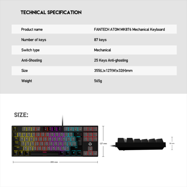 Tastatura mehanička Gaming Fantech MK876 RGB Atom TKL siva (Red switch) - 209680