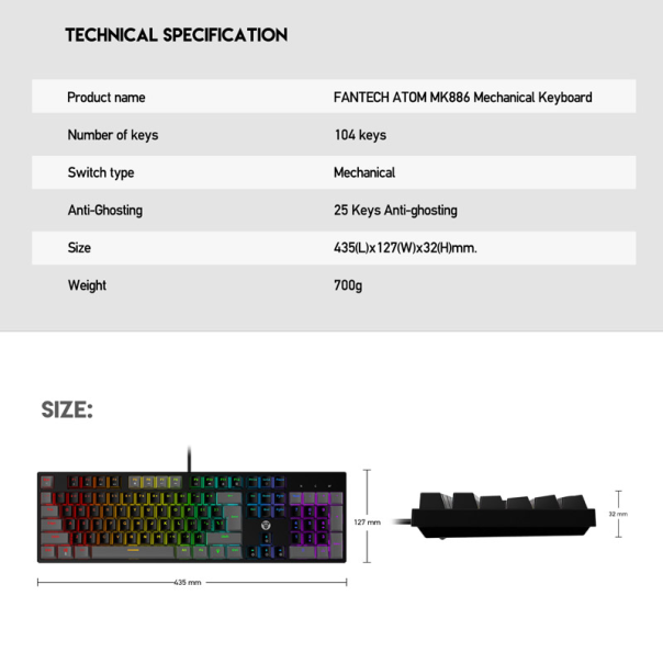 Tastatura mehanička Gaming Fantech MK886 RGB Atom siva (Blue switch) - G210650