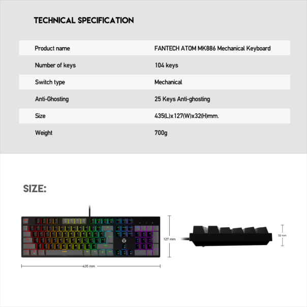 Tastatura Mehanicka Gaming Fantech MK886 RGB Atom siva (Blue switch) - 210650