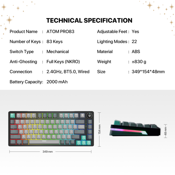 Tastatura Mehanicka Gaming Fantech MK913 RGB Atom PRO83 Wireless Mercury (red switch) - 214345
