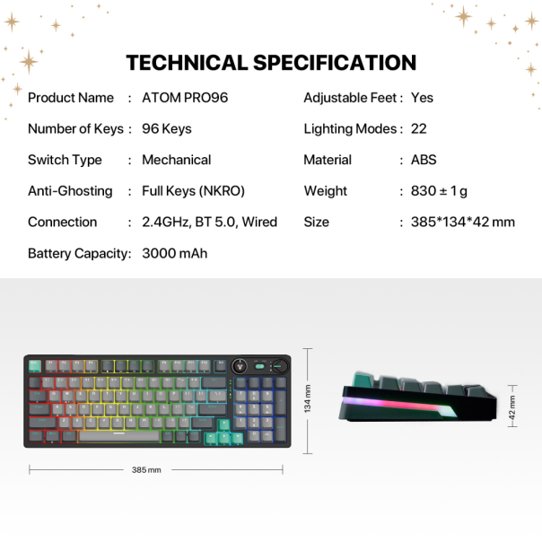 Tastatura Mehanicka Gaming Fantech MK914 RGB Atom PRO96 Wireless Saturn (red switch) - 217307