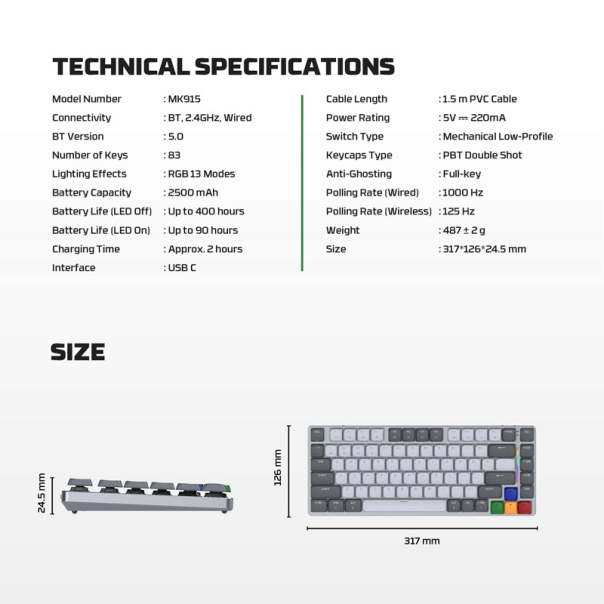 Tastatura mehanička Gaming Fantech MK915 RGB Maxfit AIR83 Wireless gray (red switch) - G218380