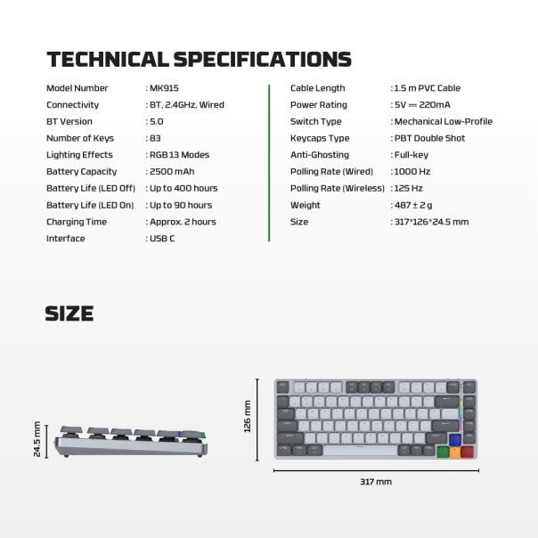 Tastatura Mehanicka Gaming Fantech MK915 RGB Maxfit AIR83 Wireless grey (red switch) - 218380