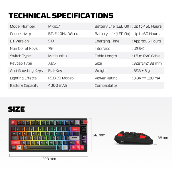 Tastatura mehanička Gaming Fantech MK917 RGB Atom PRO79 Wireless bela (Red switch) - 220817