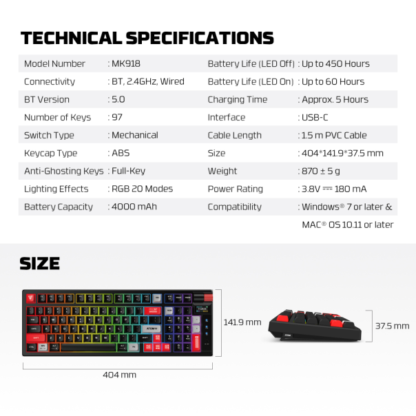 Tastatura mehanička Gaming Fantech MK918 RGB Atom PRO97 Wireless crna (Red switch) - 220819