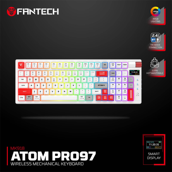 Tastatura mehanička Gaming Fantech MK918 RGB Atom PRO97 Wireless Mercury bela (Red switch) - G220821