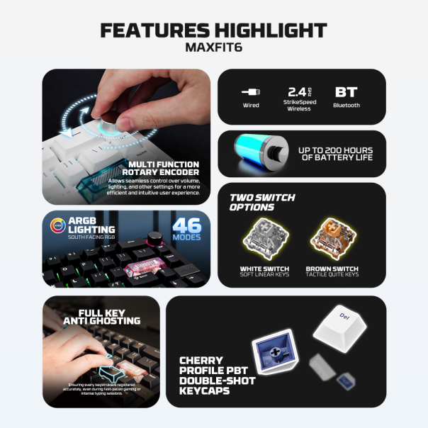 Tastatura mehanička Gaming Fantech MK920 RGB Maxfit 6 Wireless bela (White switch) - 221868