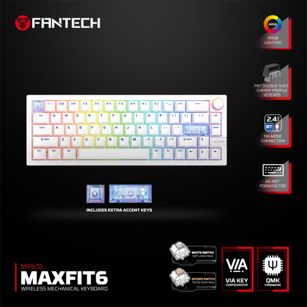 Tastatura mehanička Gaming Fantech MK920 RGB Maxfit 6 Wireless bela (white switch) - G221868