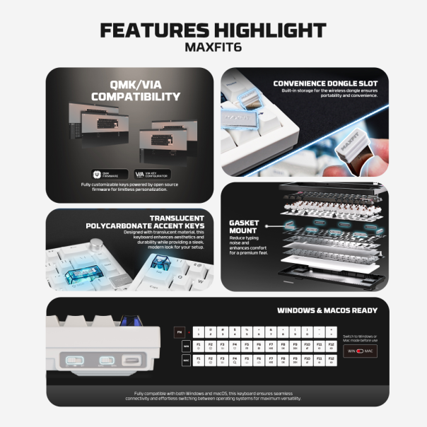 Tastatura mehanička Gaming Fantech MK920 RGB Maxfit 6 Wireless bela (White switch) - 221868