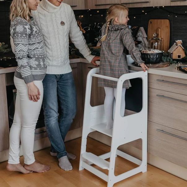 KINDER HOME Montessori toranj, edukativna stolica sa crnom tablom i podesivom visinom, bela - TF-13071