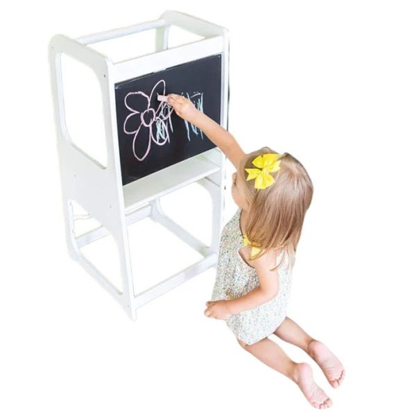 KINDER HOME Montessori toranj, edukativna stolica sa crnom tablom i podesivom visinom, bela - TF-13071