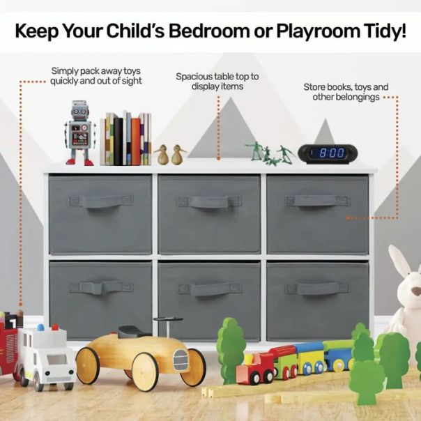 KINDER HOME Drvena komoda sa 6 tekstilnih fioka za odlaganje siva - TF5491