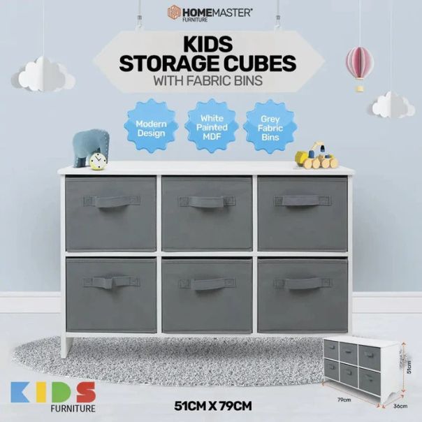 KINDER HOME Drvena komoda sa 6 tekstilnih fioka za odlaganje siva - TF5491