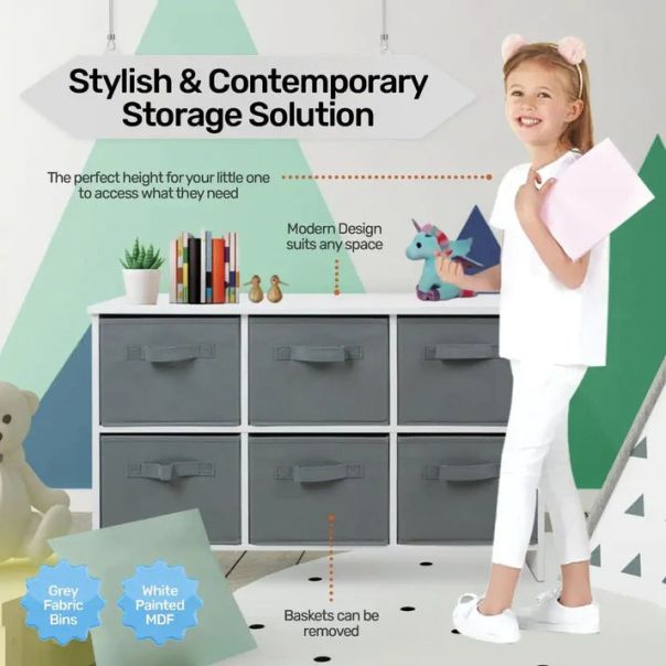 KINDER HOME Drvena komoda sa 6 tekstilnih fioka za odlaganje siva - TF5491