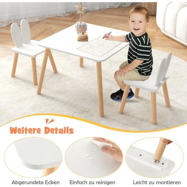 KINDER HOME Dečiji drveni sto sa 2 stolice,set za učenje,crtanje , jelo- BUNNY - TF-6176