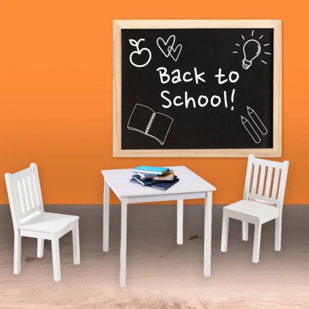 KINDER HOME Dečiji drveni sto sa 2 stolice, set za učenje, crtanje, igru, jelo - BELI - TF-6644-V
