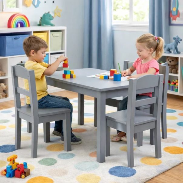 Dečiji sto sa 4 stolice KINDER HOME – Drveni dečiji sto za igru i učenje - EP2988397