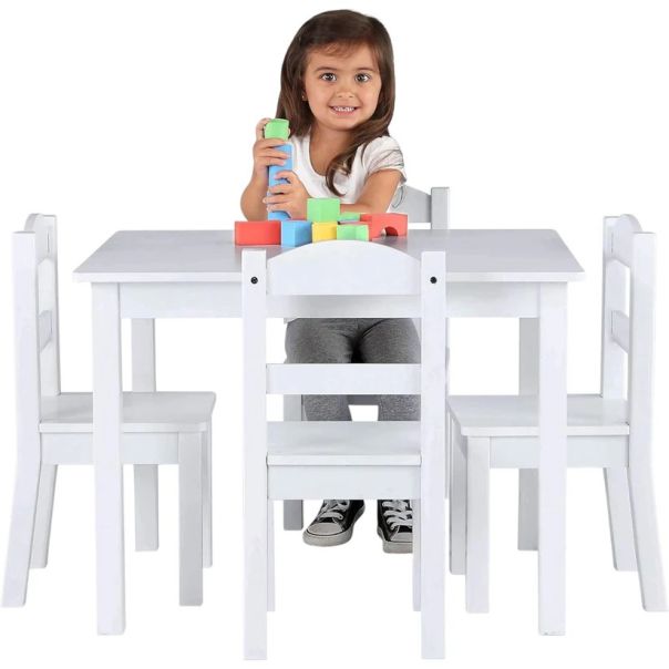 Dečiji sto sa 4 stolice KINDER HOME, drveni set za igru i učenje, beli - TF-6645-V