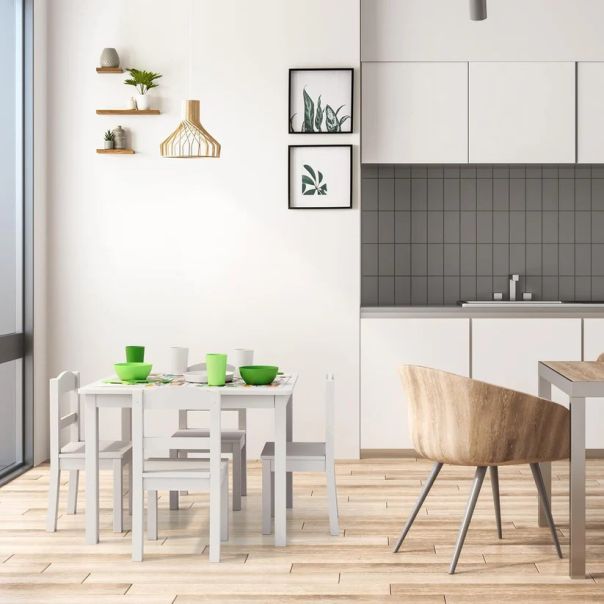 Dečiji sto sa 4 stolice KINDER HOME, drveni set za igru i učenje, beli - TF-6645-V