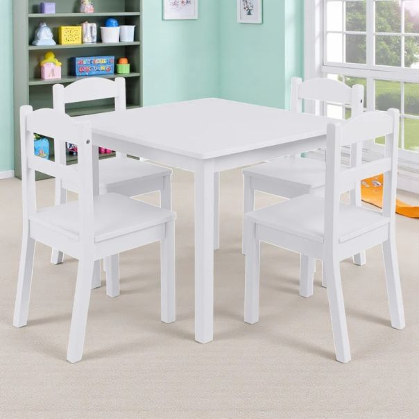 Dečiji sto sa 4 stolice KINDER HOME, drveni set za igru i učenje, beli - TF-6645-V