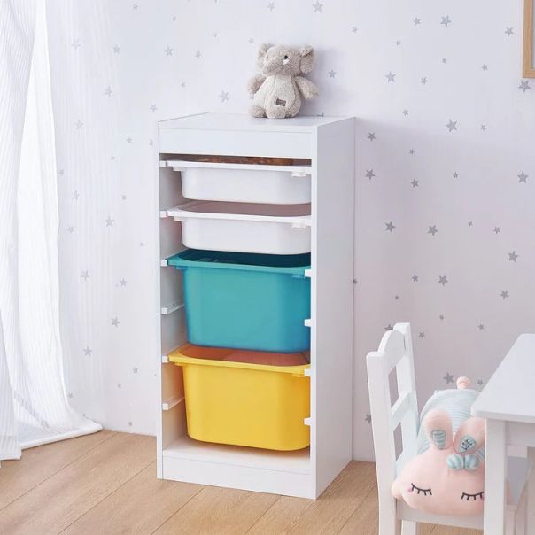 KINDER HOME Dečiji ormarić, polica za igračke sa 4 kutije za odlaganje, bela - TF-6745-2
