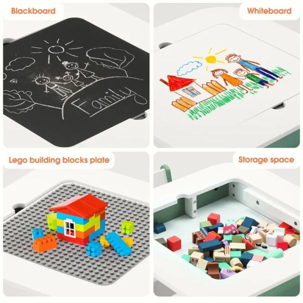 KINDER HOME Dečiji sto sa stolicama 4 u 1 ,2 vrha,tabla i vrh za slaganje LEGO konstrukotora - TF-6808