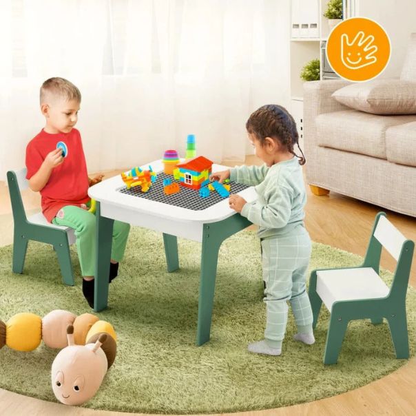 KINDER HOME Dečiji sto sa stolicama 4 u 1 ,2 vrha,tabla i vrh za slaganje LEGO konstrukotora - TF-6808