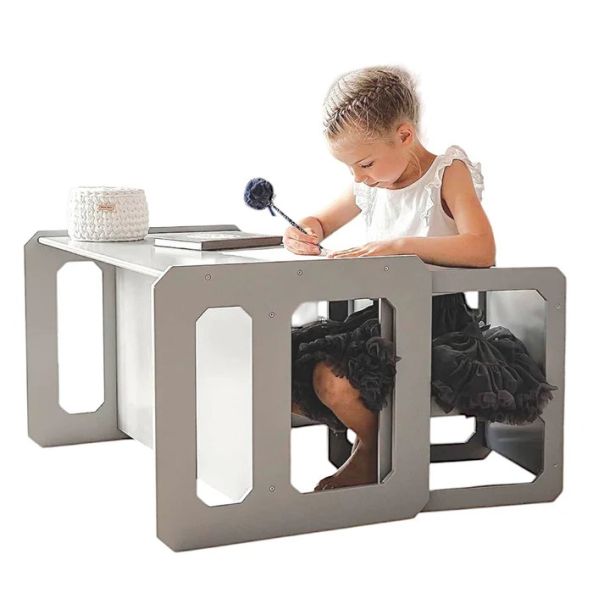 Montesori dečiji sto i stolica KINDER HOME, drveni set 3 u 1, belo sivi - TF-6912