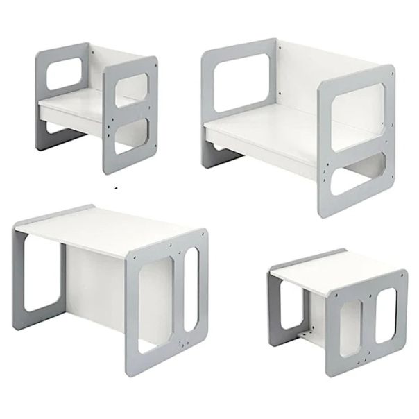 Montesori dečiji sto i stolica KINDER HOME, drveni set 3 u 1, belo sivi - TF-6912