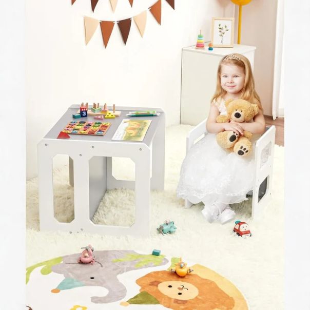 Montesori dečiji sto i stolica KINDER HOME, drveni set 3 u 1, belo sivi - TF-6912