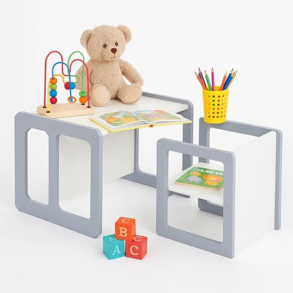 Montesori dečiji sto i stolica KINDER HOME, drveni set 3 u 1, belo sivi - TF-6912