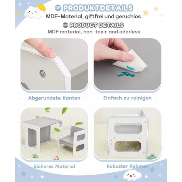 Montesori dečiji sto i stolica KINDER HOME, drveni set 3 u 1, belo sivi - TF-6912