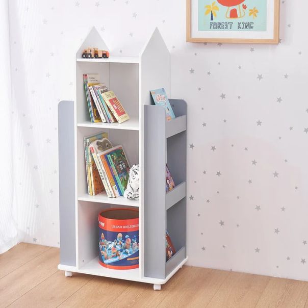 KINDER HOME Rotirajuća polica Raketa sa policama - za odlaganje knjiga i igračaka, bela/siva - TF-6914