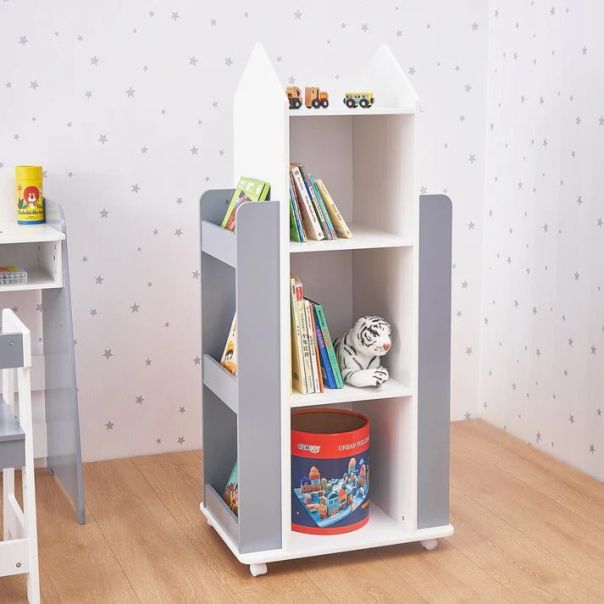 KINDER HOME Rotirajuća polica Raketa sa policama - za odlaganje knjiga i igračaka, bela/siva - TF-6914