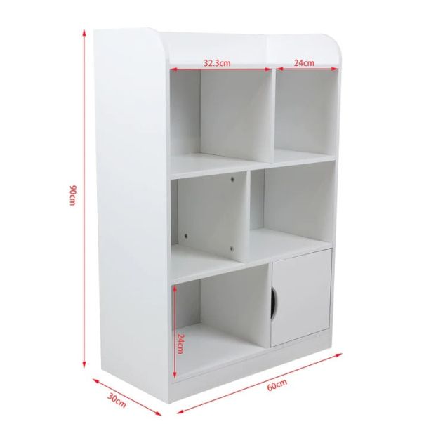 KINDER HOME Dečija drvena polica za odlaganje knjiga i igračaka na 4 nivoa sa vratima beli - TF5473