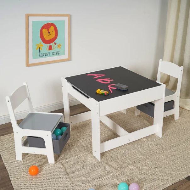 KINDER HOME Dvostrani dečiji drveni sto sa 2 stolice belo-sivi - TF6265