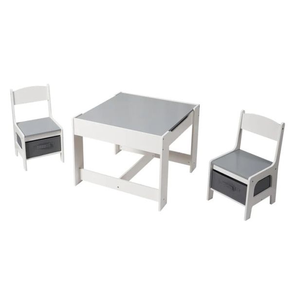 KINDER HOME Dvostrani dečiji drveni sto sa 2 stolice belo-sivi - TF6265